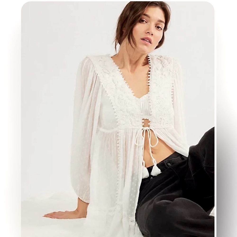 NWT Free People Lace Clip Dot Robe / Swim Beach Coverup in Ivory Size Small